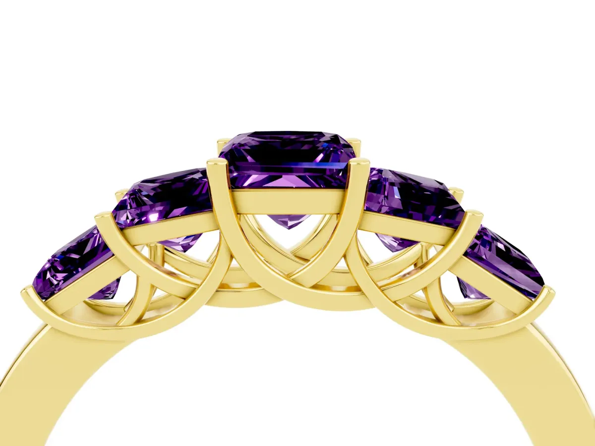 Princess Cut Five-Stone Amethyst Ring with Classic Prong Setting Yellow gold