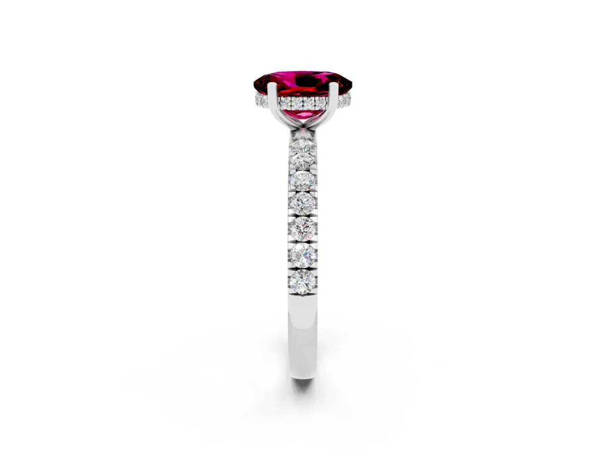 Oval Cut Garnet Pave Band Solitaire Ring with Round and Prong Setting Platinum