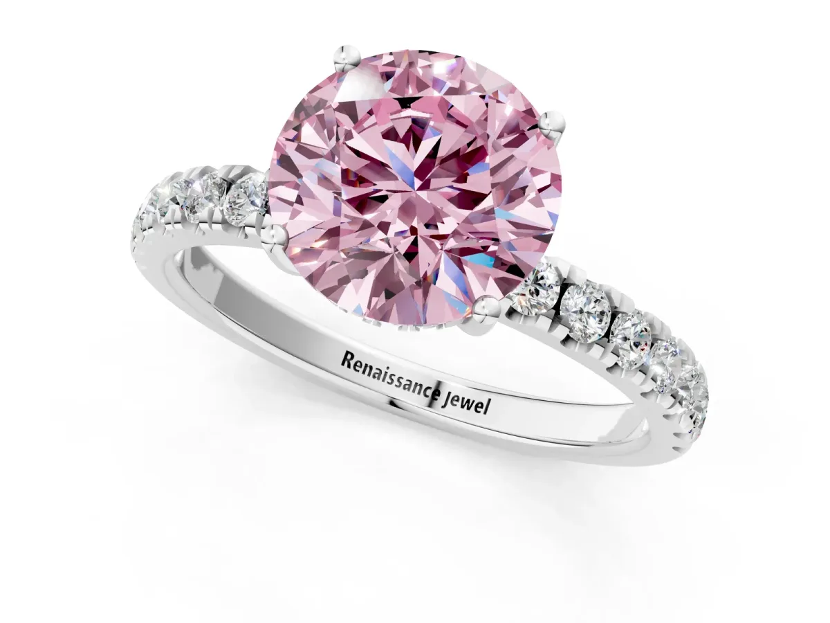 Fancy Pink Round Cut Diamond Pave Band Solitaire Ring with Round and Prong Setting Platinum