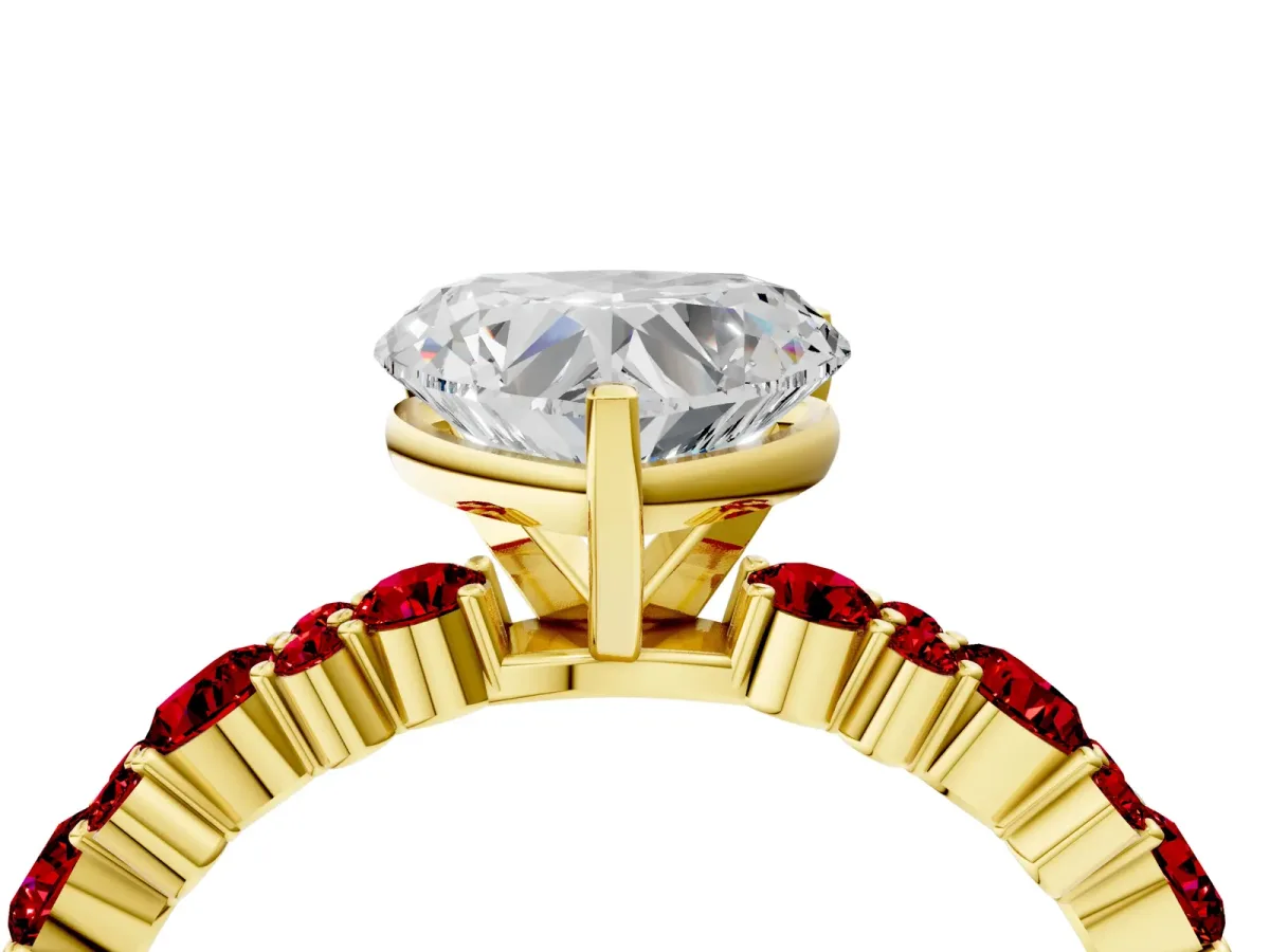 Heart Cut Diamond Side Stone Solitaire Ring with Round Ruby and Four-Prong Setting Yellow gold