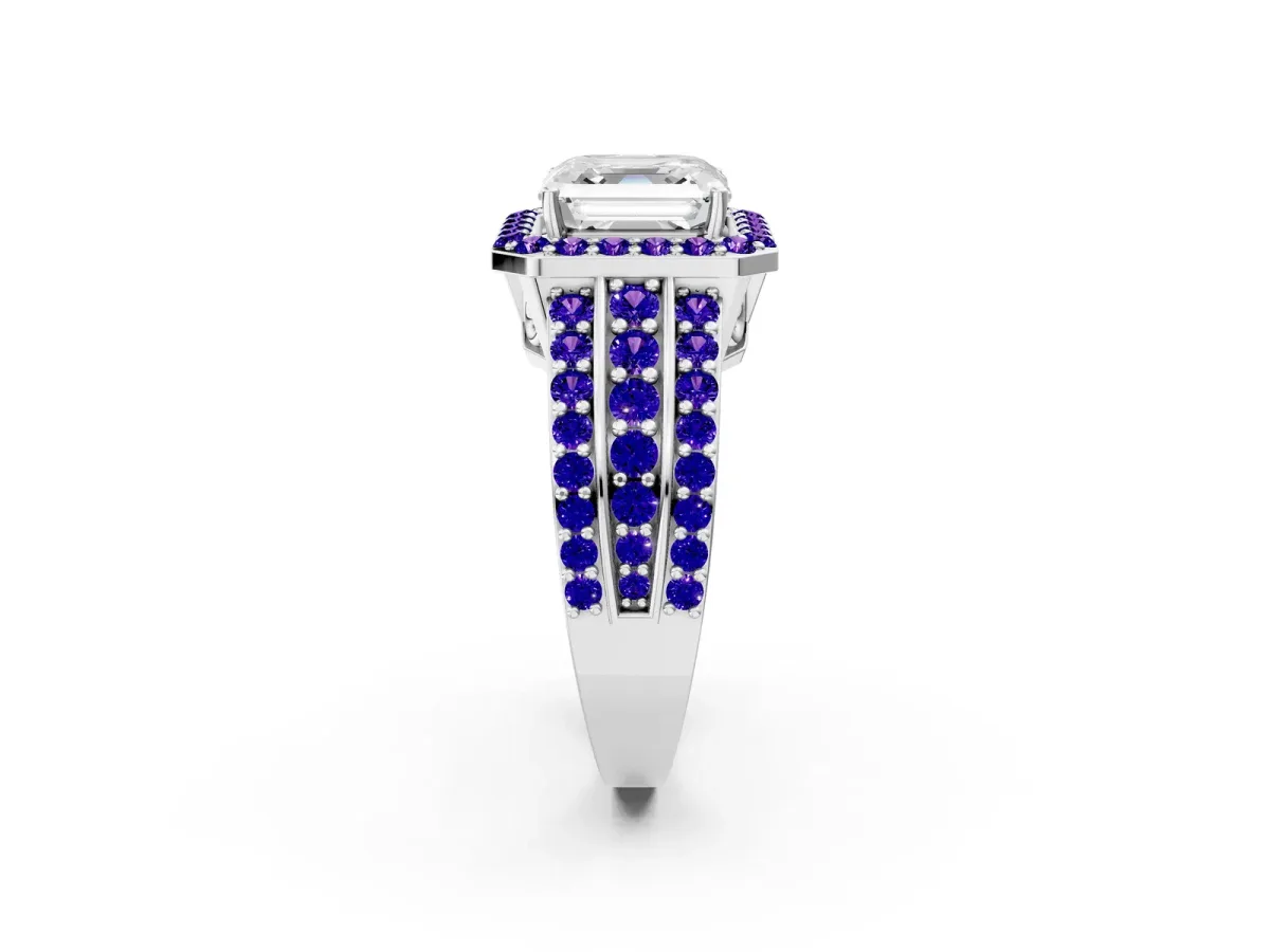 Asscher Cut Halo Diamond Ring with Round Tanzanite Split Shank and Prong Setting Platinum