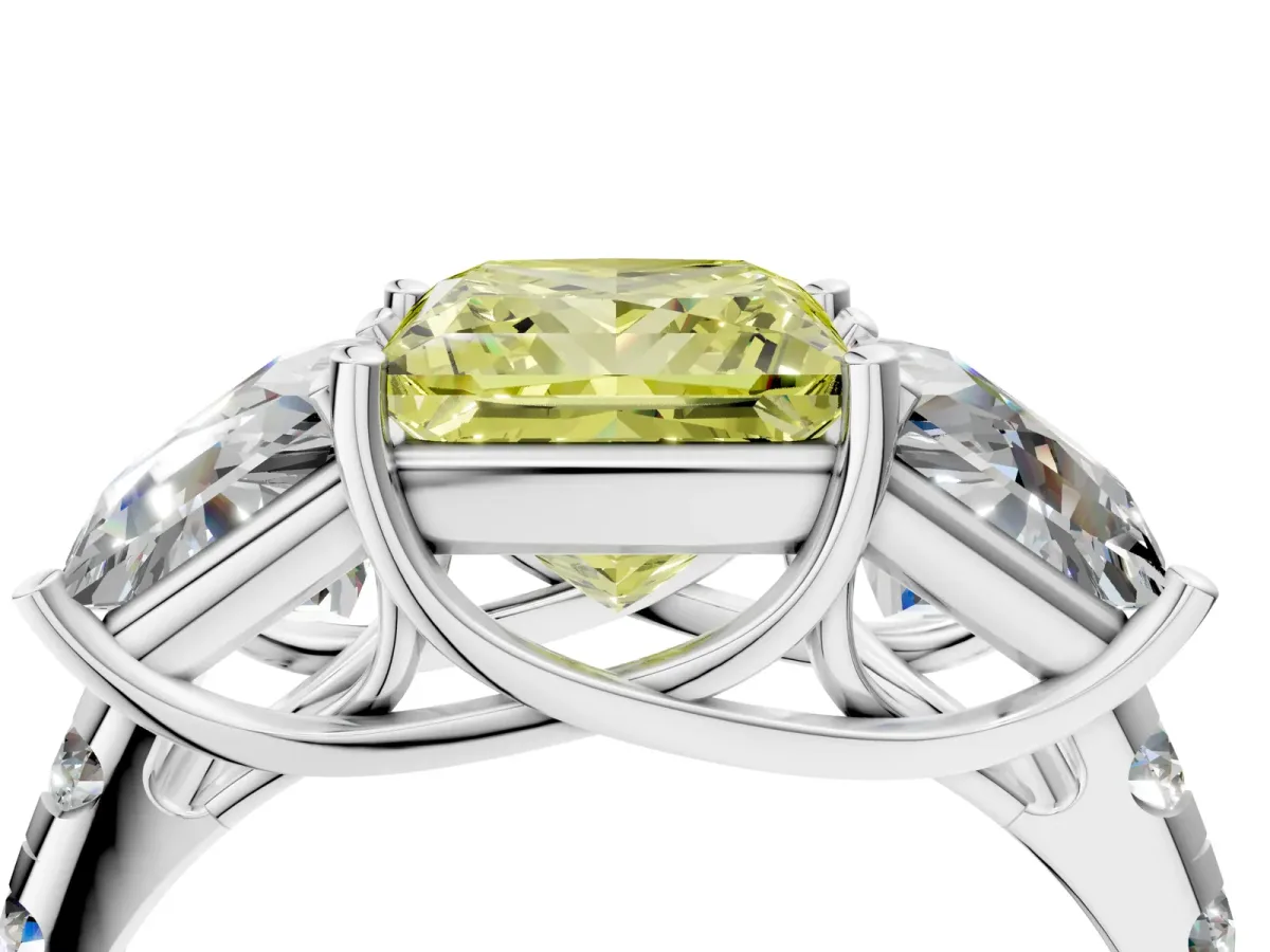 Fancy Yellow Three-Stone Princess Cut Diamond Pavé Band with Prong Setting Platinum