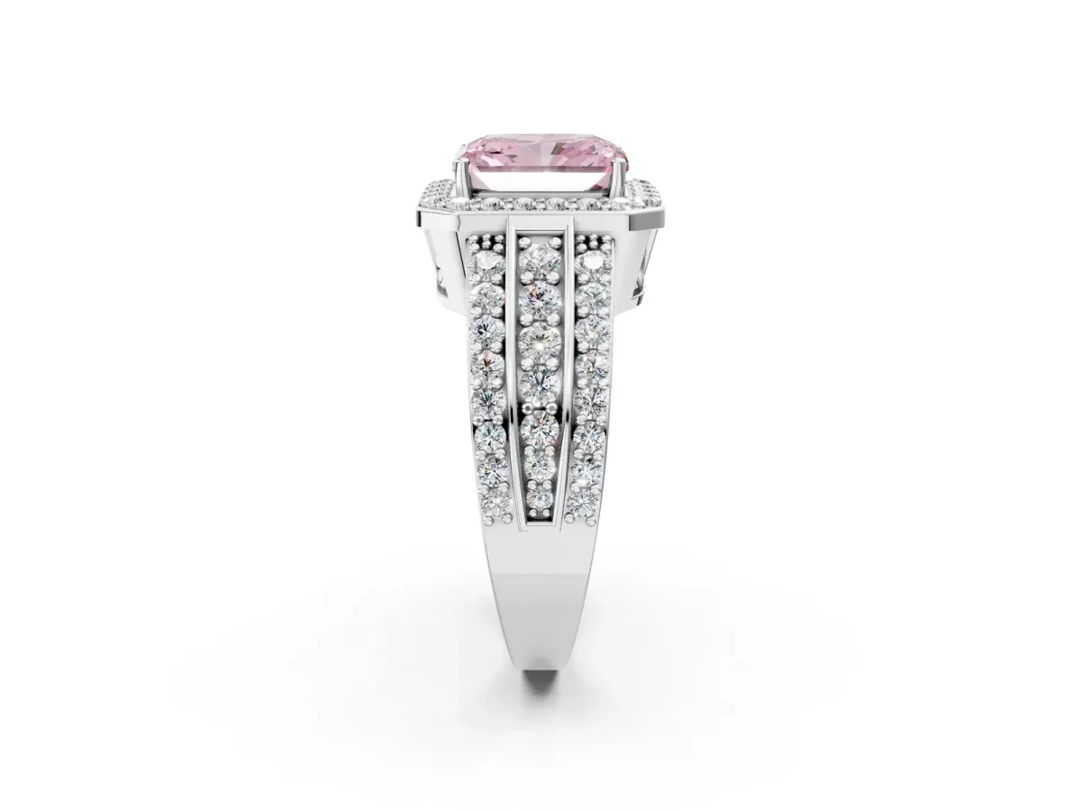 Fancy Pink Radiant Cut Halo Diamond Ring with Round Split Shank and Prong Setting Silver