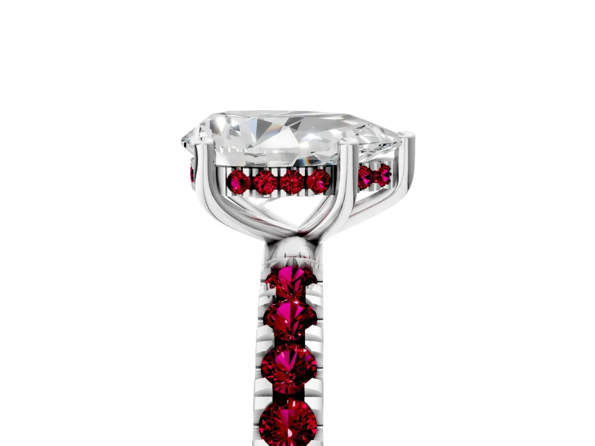 Pear Cut Diamond Pave Band Solitaire Ring with Round Garnet and Prong Setting Silver
