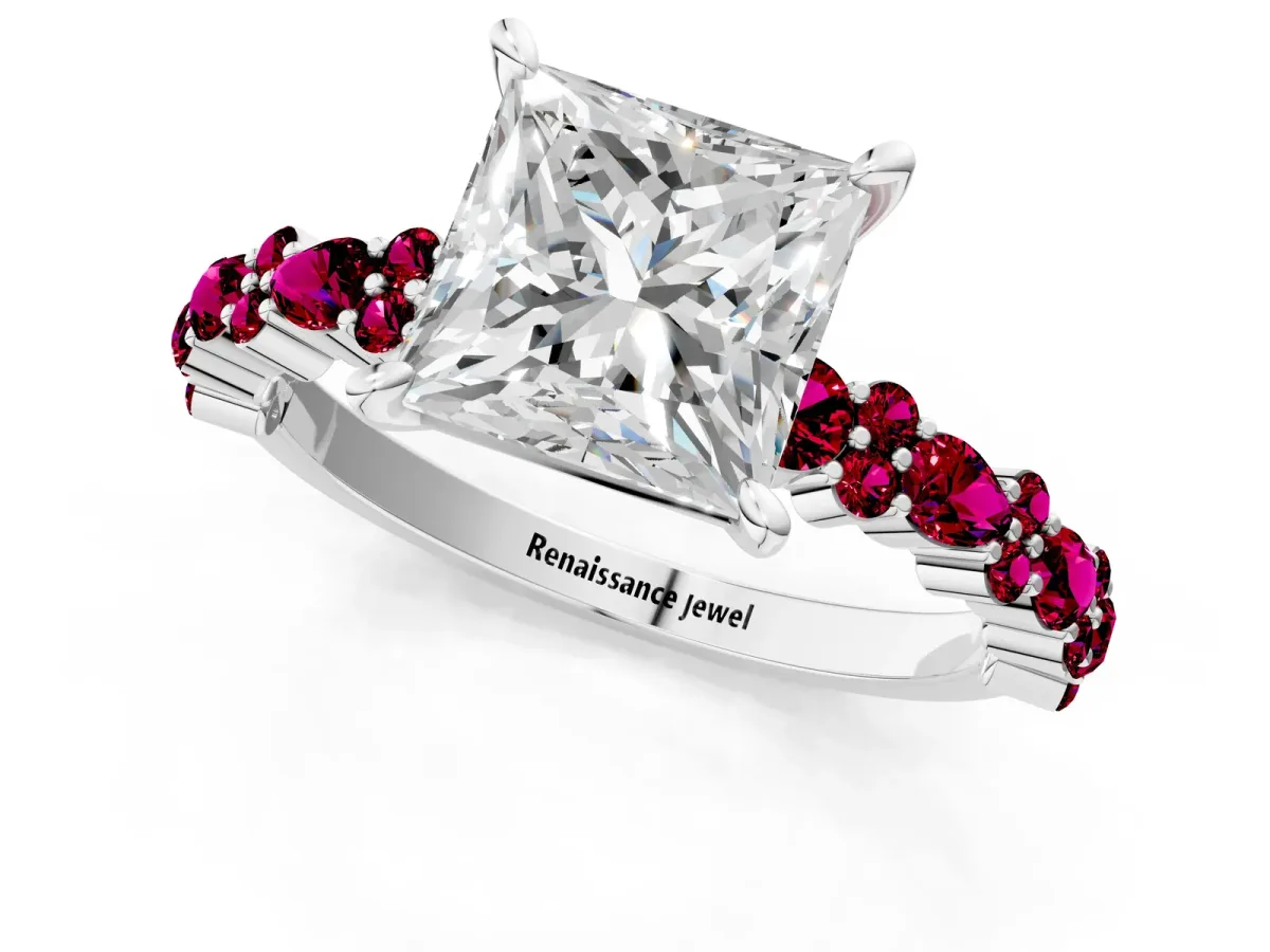 Princess Cut Diamond Side Stone Solitaire Ring with Round Garnet and Four-Prong Setting Platinum