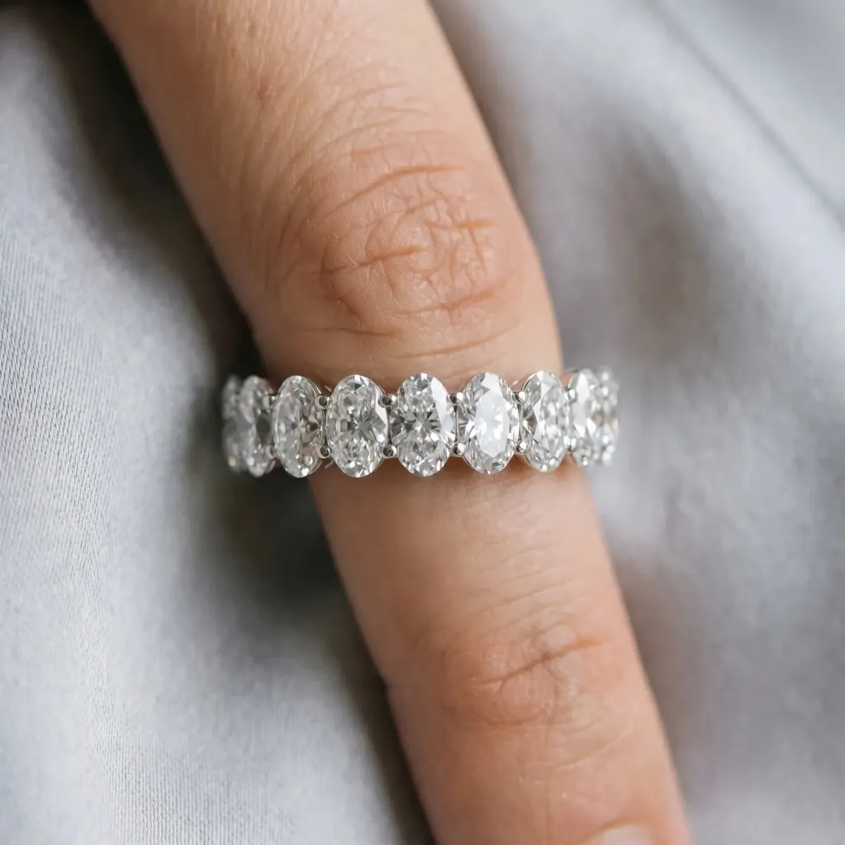 Oval Diamond Prong-Set Eternity Band Silver