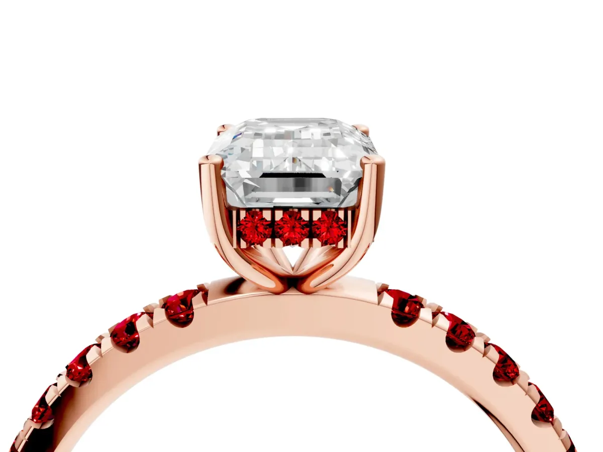 Emerald Cut Diamond Pave Band Solitaire Ring with Round Ruby and Prong Setting Rose gold