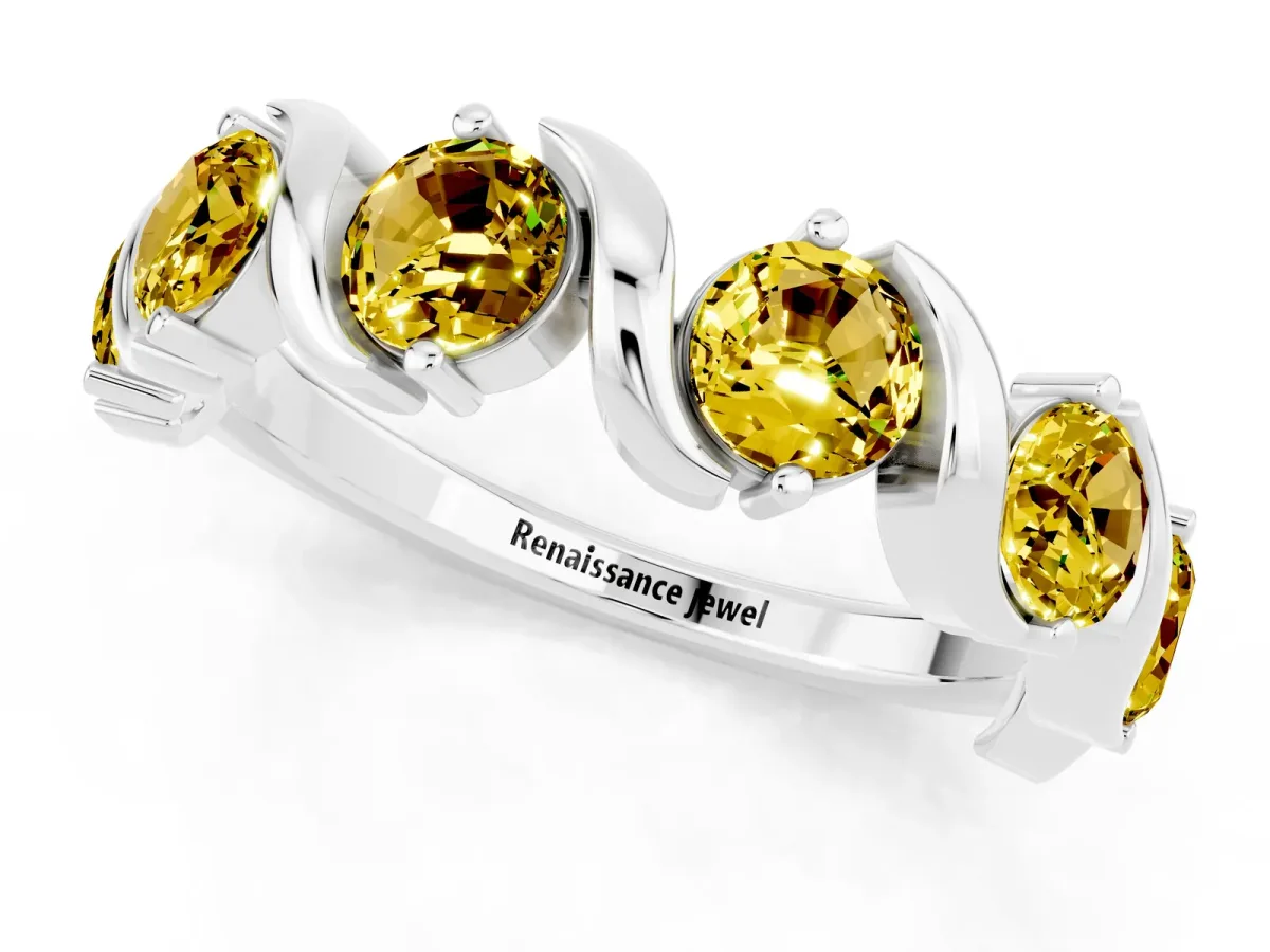 Round Yellow Sapphire Half Eternity Band with Wave Prong Setting Platinum
