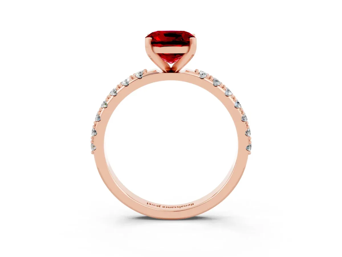Cushion Cut Ruby Solitaire Pavé Band with Four-Prong Setting Rose gold
