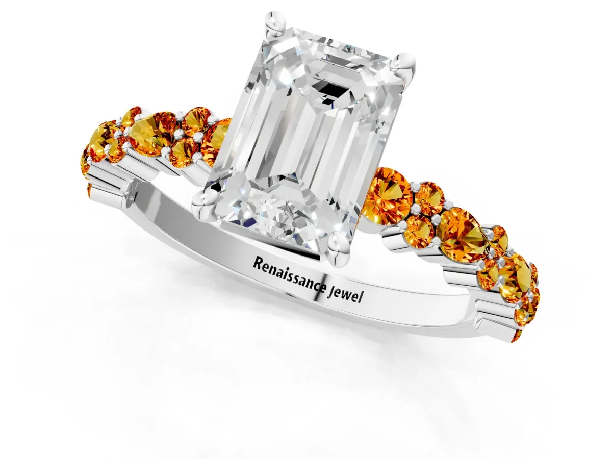 Emerald Cut Diamond Side Stone Solitaire Ring with Round Citrine and Four-Prong Setting White gold