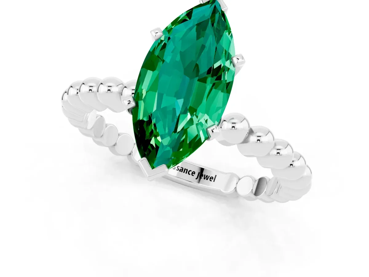 Marquise Cut Emerald Solitaire Ring with Beaded Band and Prong Setting Platinum