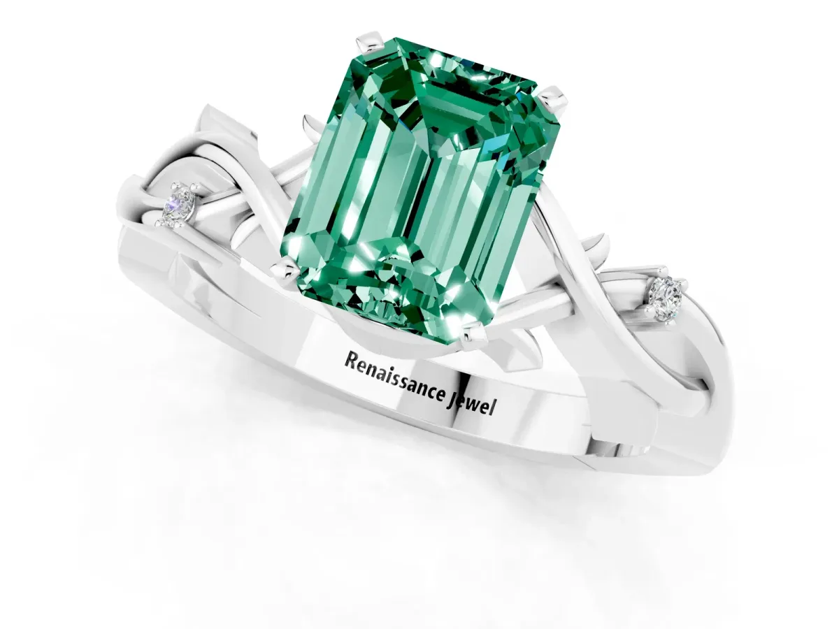 Emerald Cut Green Sapphire Solitaire Ring with Twisted Band and Prong Setting Silver