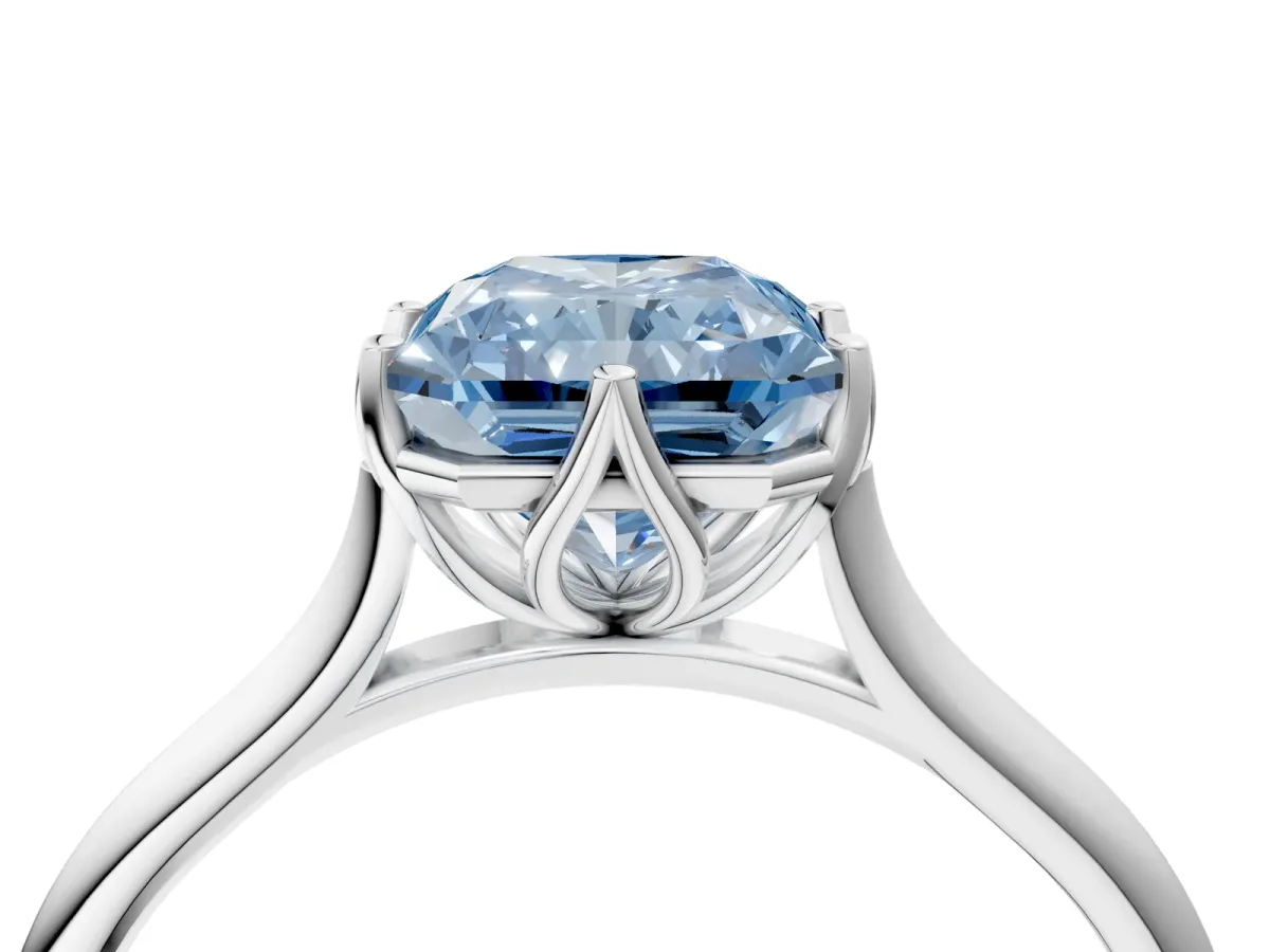 Fancy Blue Radiant Cut Solitaire Cathedral Diamond Ring with Six-Prong Setting Platinum