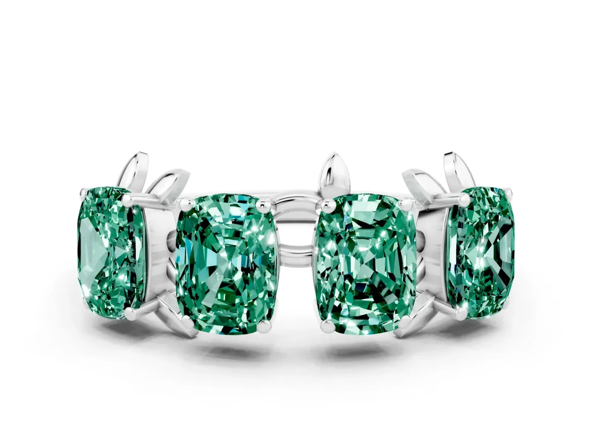 Emerald Cut Green Sapphire Prong-Set Half Eternity Band Silver