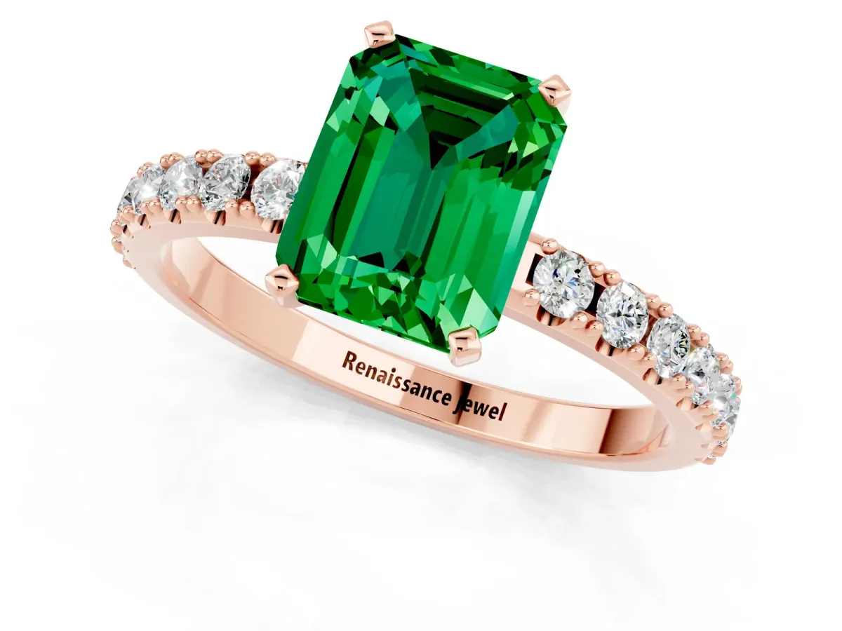 Emerald Cut Emerald Solitaire Pavé Band with Four-Prong Setting Rose gold