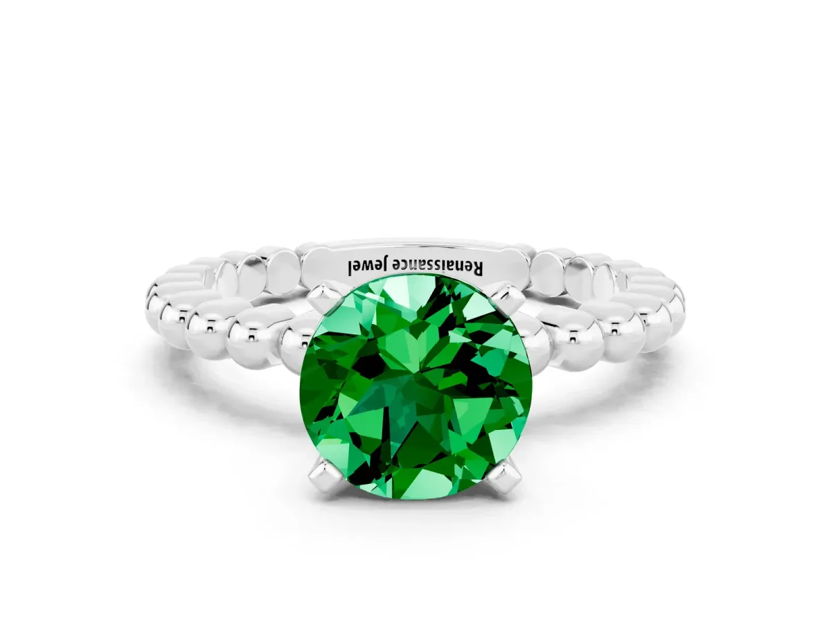 Round Cut Emerald Solitaire Ring with Beaded Band and Prong Setting Platinum