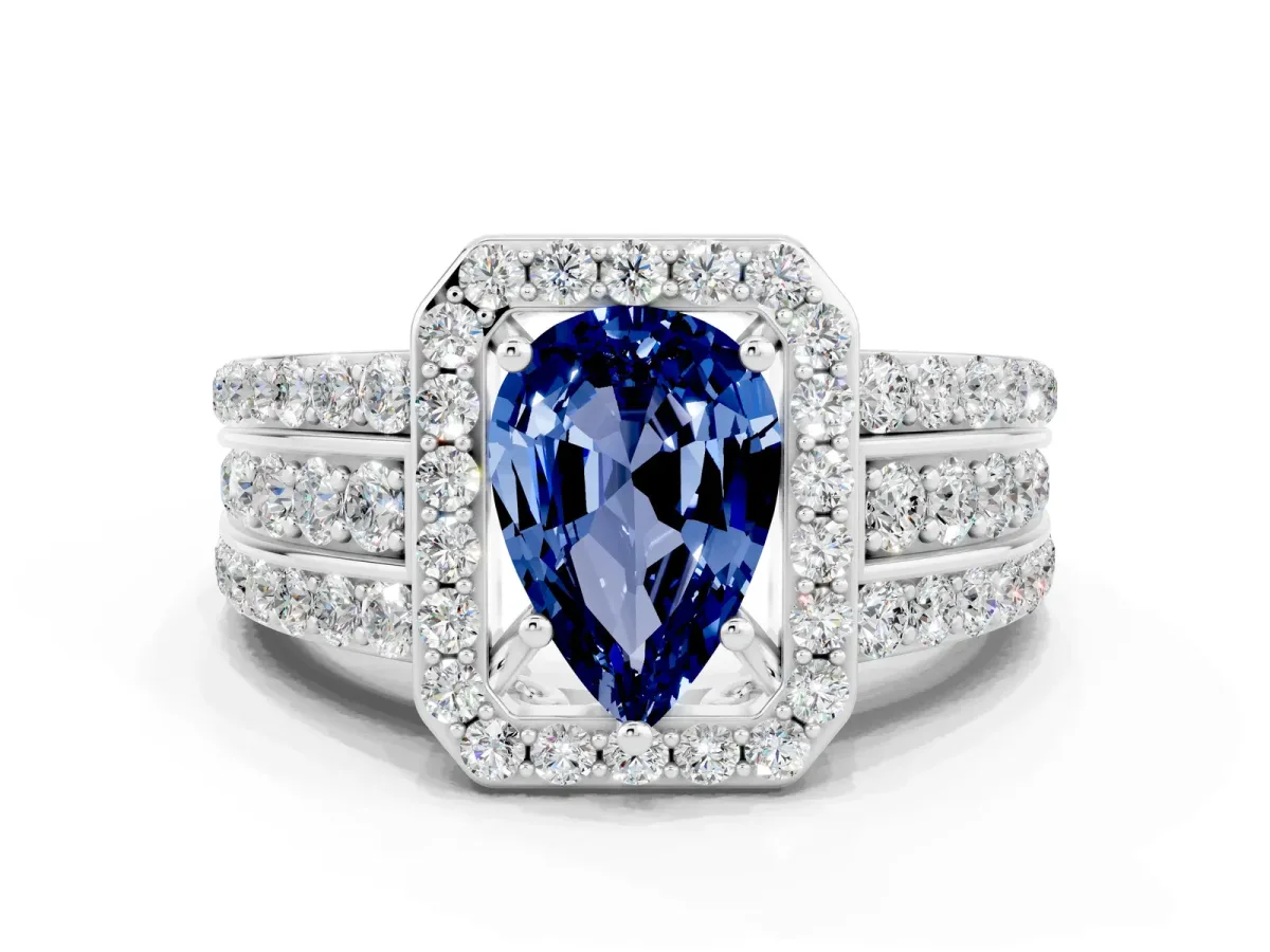 Pear Cut Halo Blue Sapphire Ring with Round Split Shank and Prong Setting Platinum