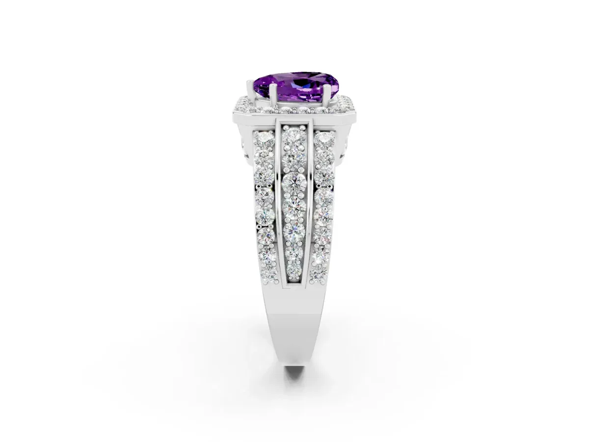 Heart Cut Halo Amethyst Ring with Round Split Shank and Prong Setting White gold