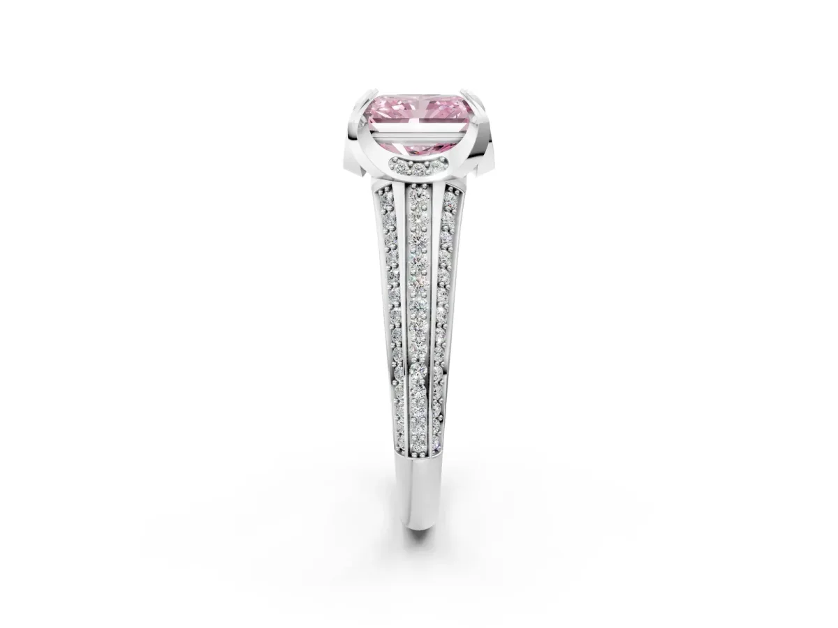 Fancy Pink Radiant Cut Solitaire Pave Split Shank Ring with Four-Prong Setting Platinum