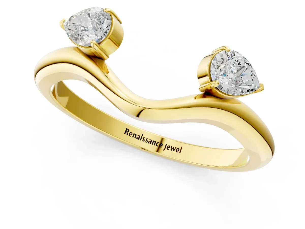 Pear Cut Diamond Two-Stone Open Band Ring with Prong Setting Yellow gold