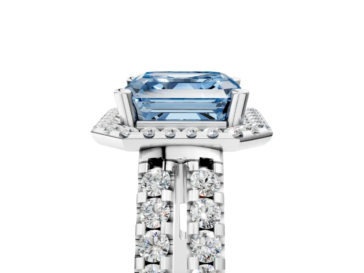 Fancy Blue Asscher Cut Halo Diamond Split Shank Engagement Ring with Prong Setting Platinum