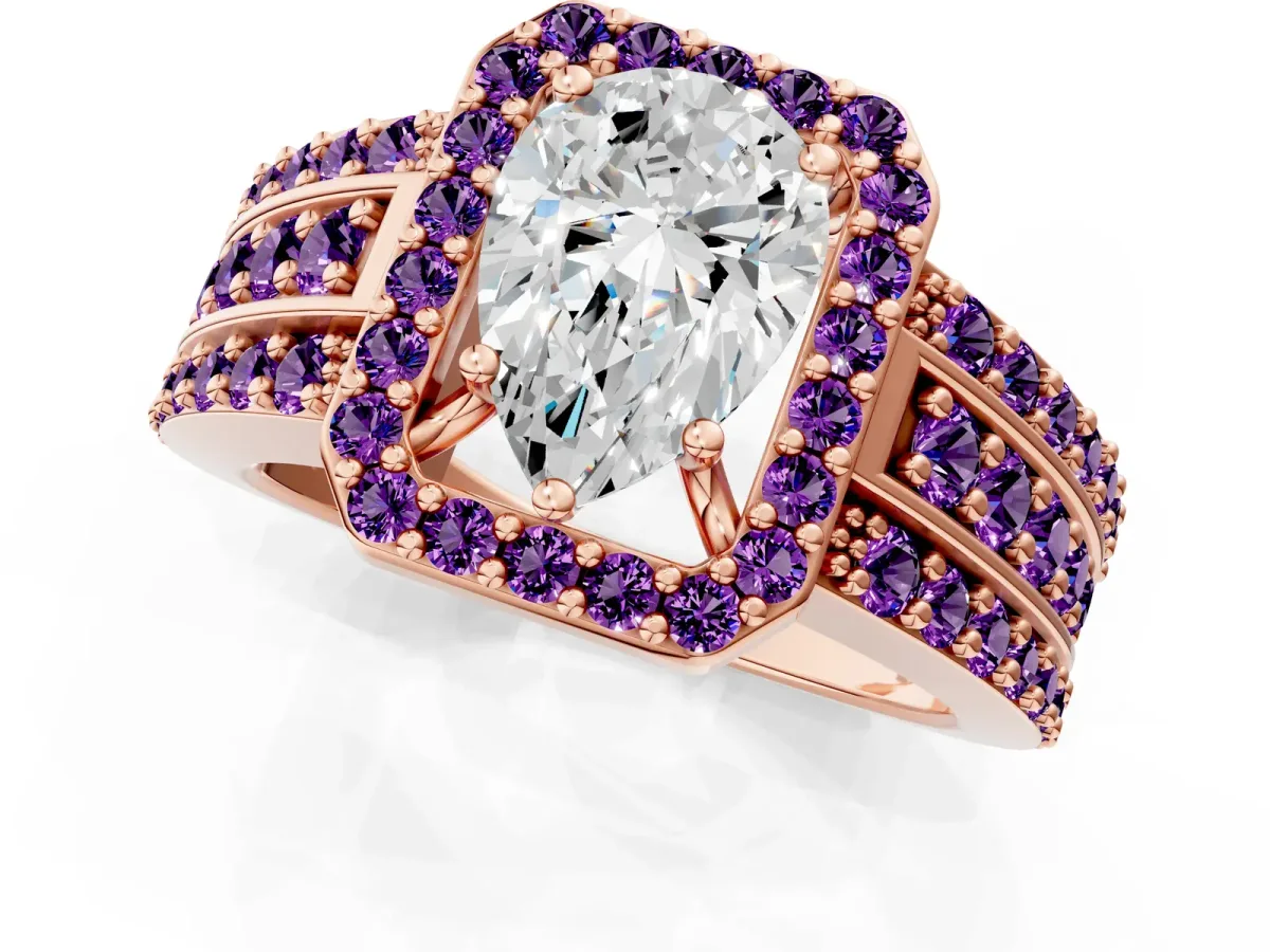 Pear Cut Halo Diamond Ring with Round Amethyst Split Shank and Prong Setting Rose gold