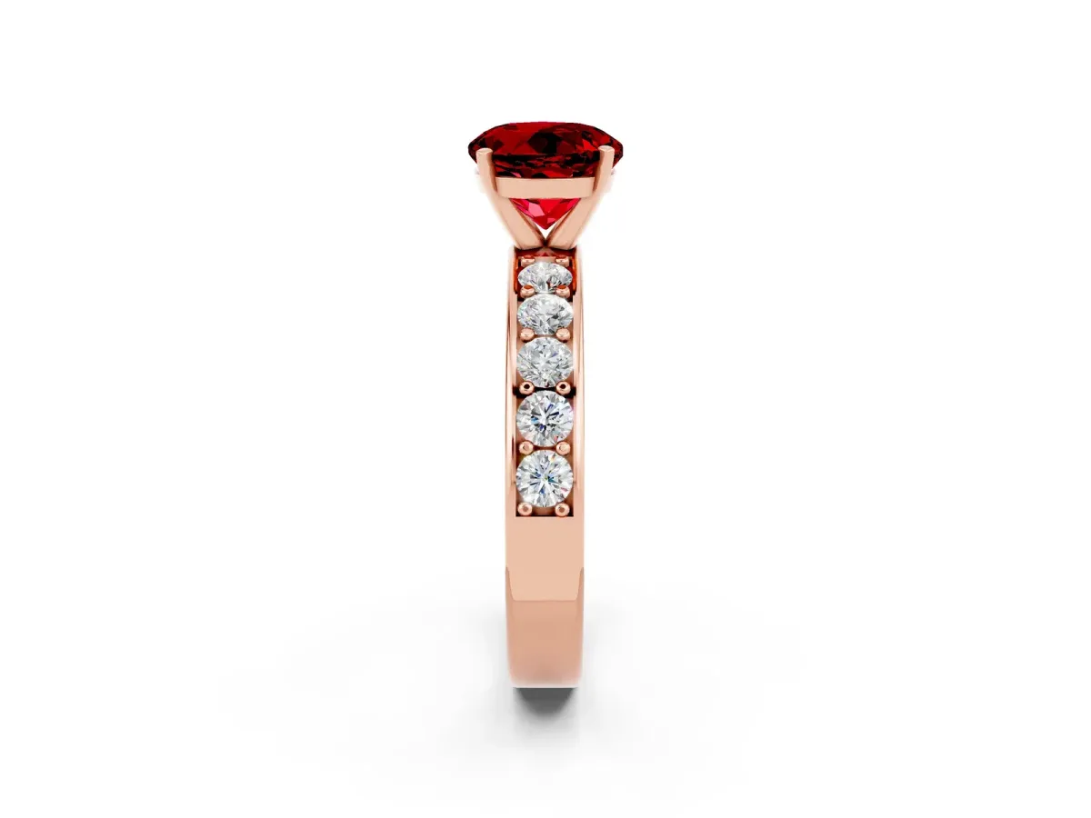 Round Cut Ruby Engagement Ring with Channel Set Round Band and Prong Setting Rose gold