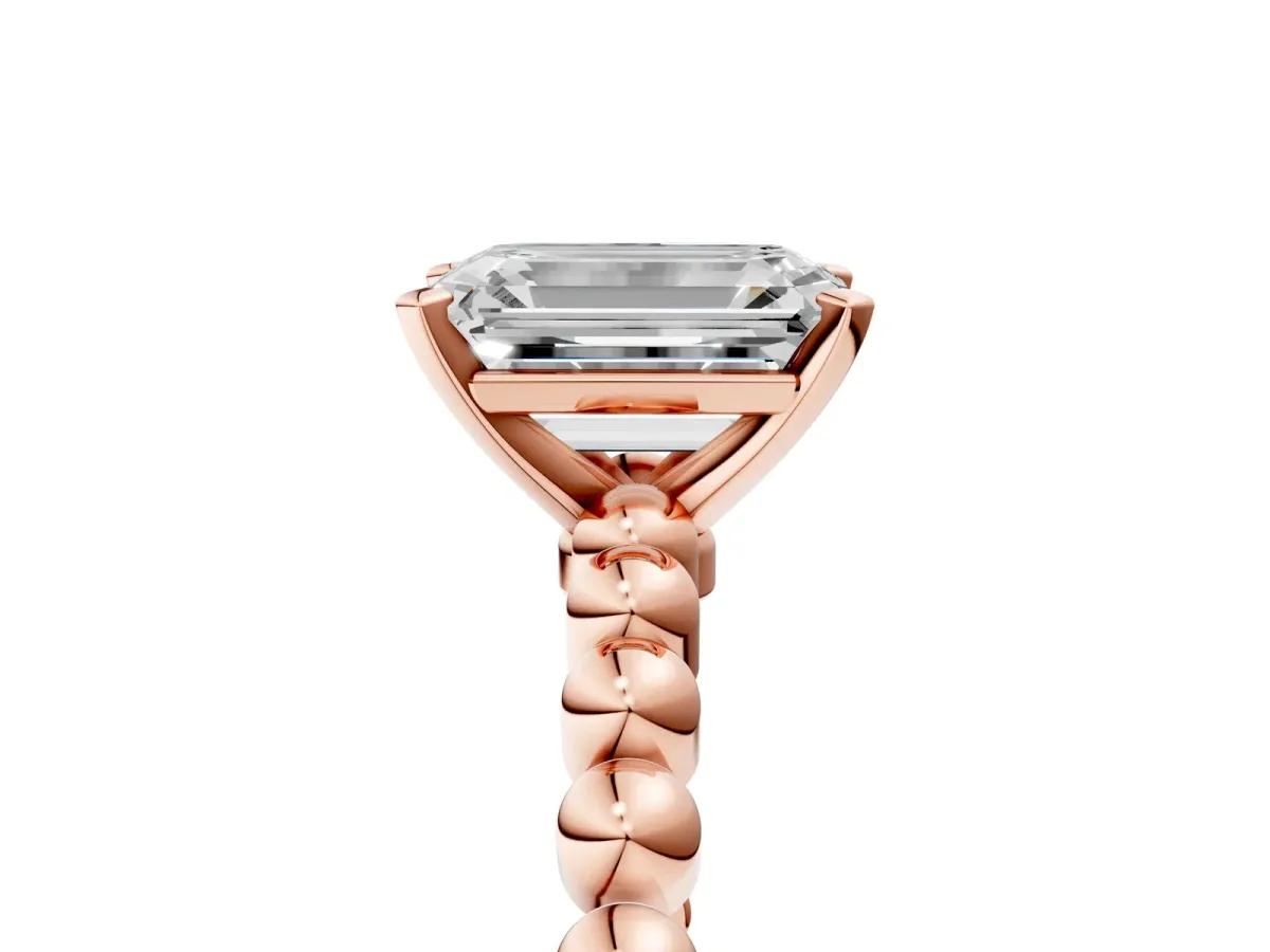 Emerald Cut Diamond Solitaire Ring with Beaded Band and Prong Setting Rose gold