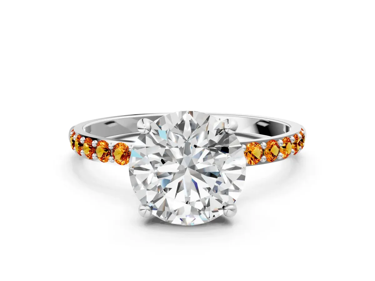 Round Cut Diamond Solitaire Ring with Round Citrine Pavé Band and Prong Setting Silver