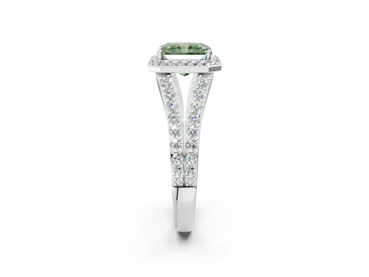Fancy Green Radiant Cut Diamond Split Shank Halo Ring with Four-Prong Setting Platinum