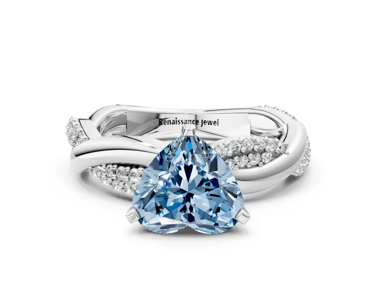 Fancy Blue Heart Cut Solitaire Twist Band with Pave Prong Setting Platinum