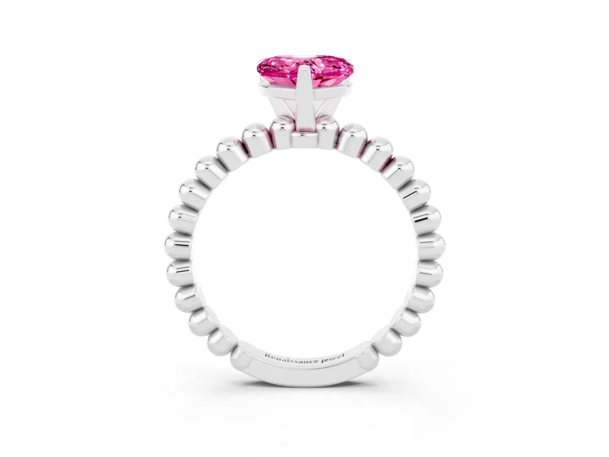 Heart Cut Pink Sapphire Solitaire Ring with Beaded Band and Prong Setting Silver