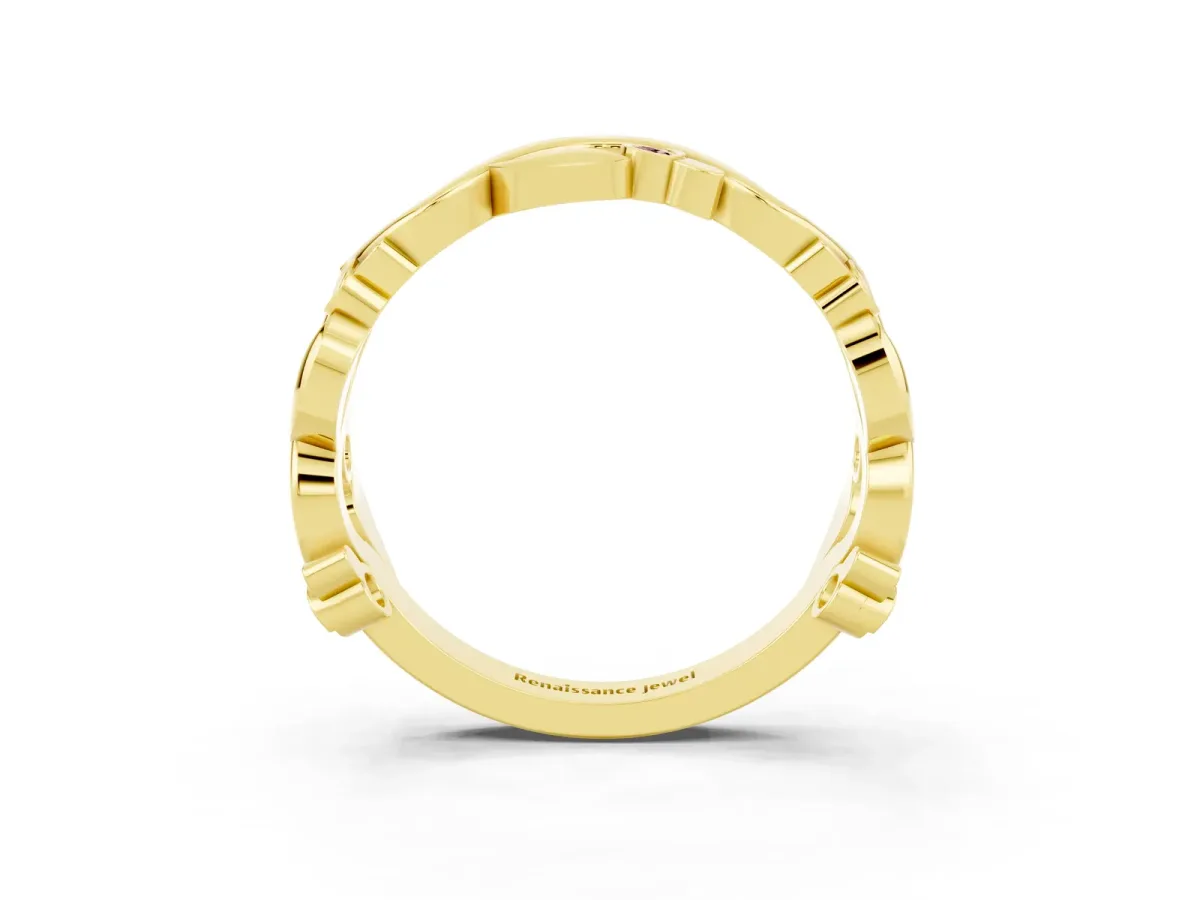 Round Morganite Leaf Eternity Band with Bezel Setting Yellow gold