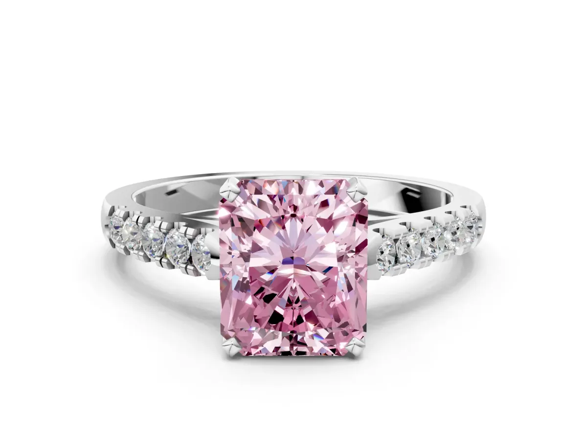 Fancy Pink Radiant Cut Diamond Pavé Band Solitaire Ring with Prong Setting Platinum