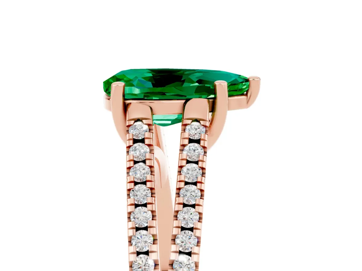 Pear Cut Emerald Solitaire Engagement Ring with Split Shank Pavé Band Rose gold