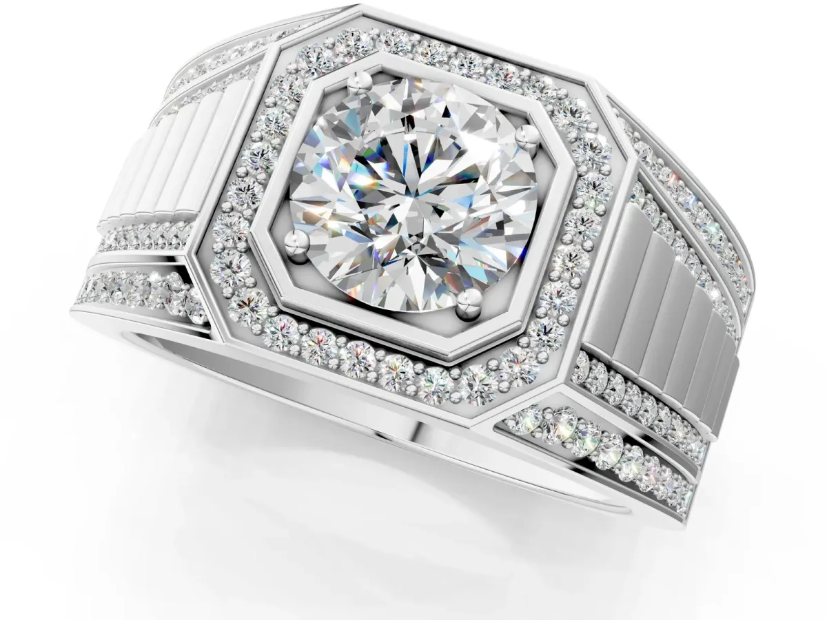 Round Diamond Octagonal Halo Mens Ring with Pavé Accents Silver