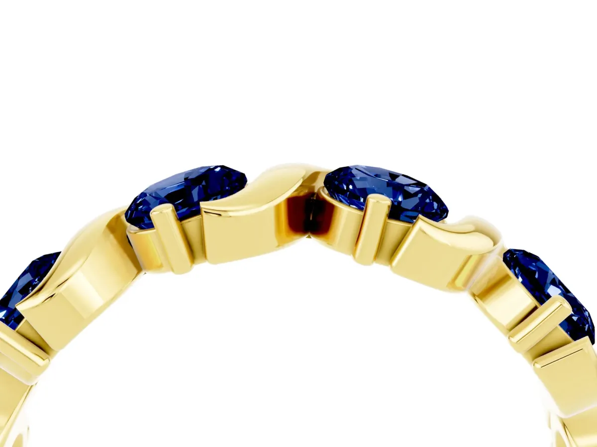 Six-Stone Round Blue Sapphire Wave Band with Shared Prong Setting Yellow gold