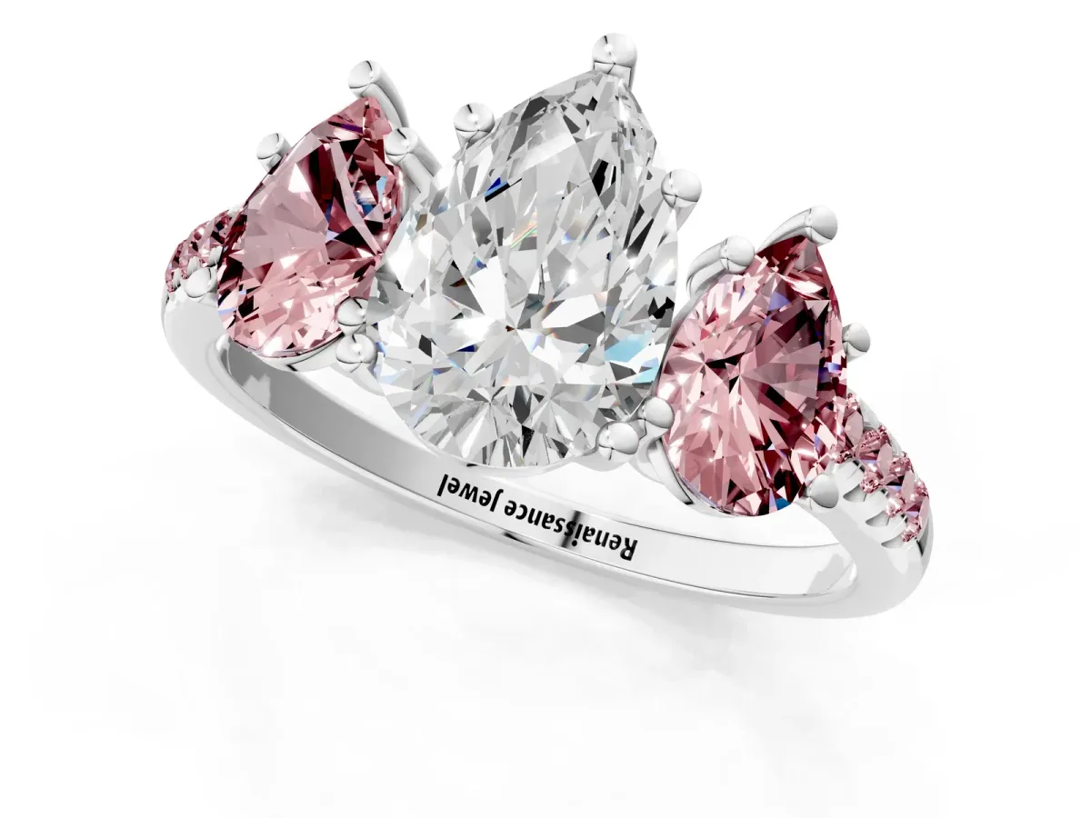 Three-Stone Pear Cut Diamond Ring with Round Morganite Pavé Band and Prong Setting Platinum