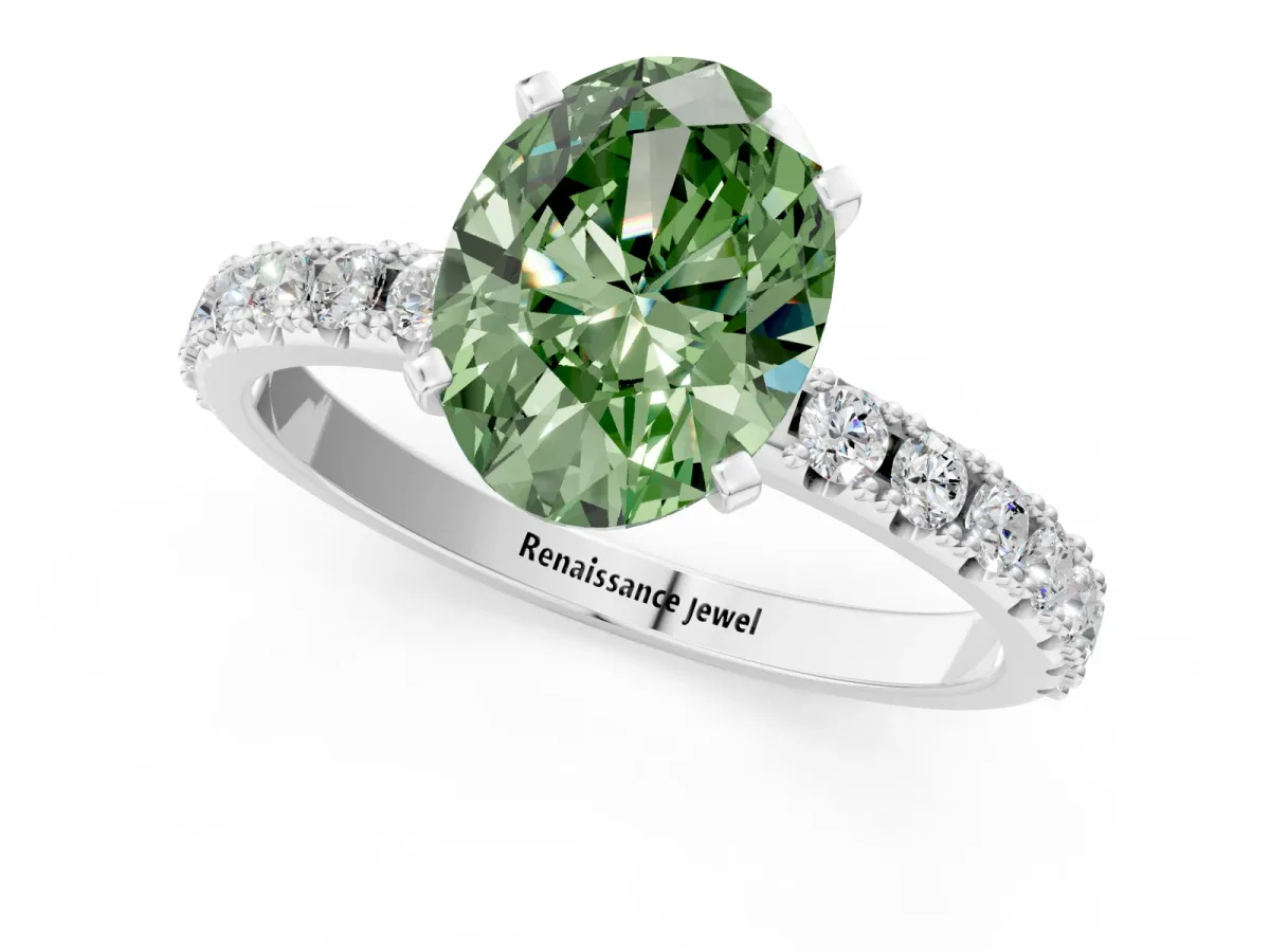 Fancy Green Oval Cut Diamond Solitaire Pavé Band with Four-Prong Setting Platinum