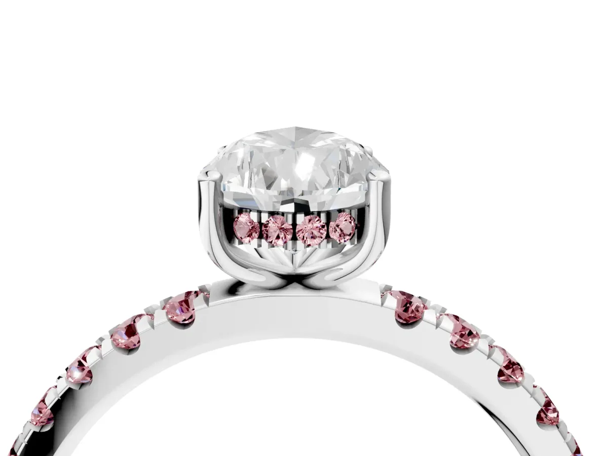 Pear Cut Diamond Pave Band Solitaire Ring with Round Morganite and Prong Setting Silver