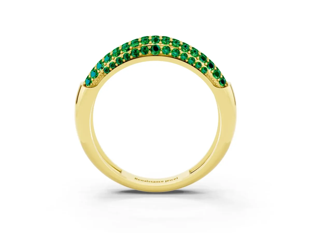 Three-Row Pavé Round Emerald Dome Band Yellow gold