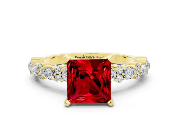 Princess Cut Ruby Side Stone Solitaire Ring with Round and Four-Prong Setting Yellow gold