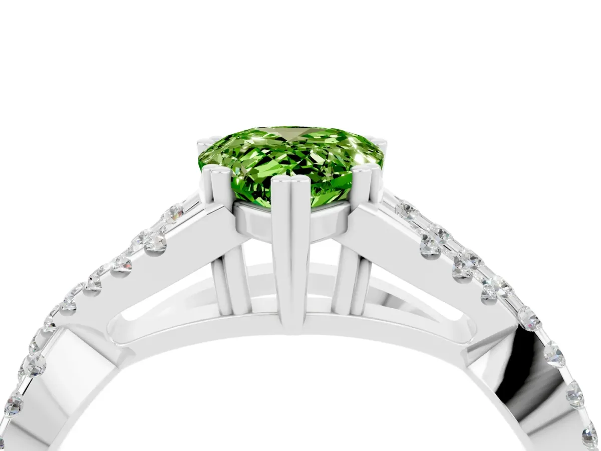 Pear Cut Peridot Solitaire Ring with Four-Prong Setting and Twisted Pavé Band Platinum