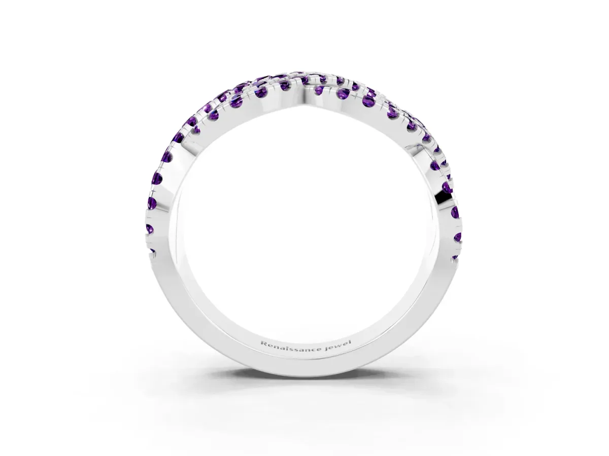 Pavé Round Amethyst Infinity Twist Band with Shared Prong Setting Silver