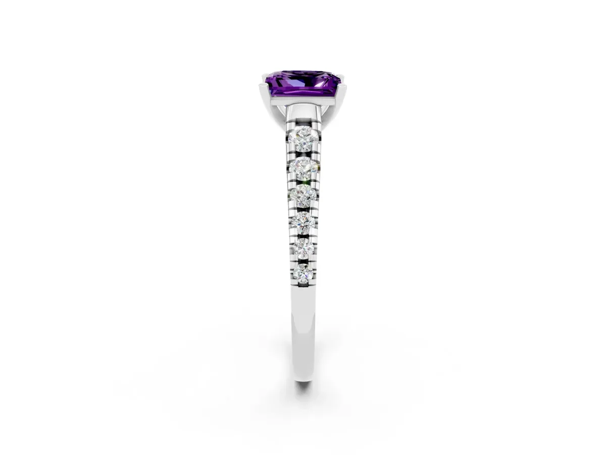 Princess Cut Amethyst Cathedral Solitaire Ring with Round Pavé Band Silver