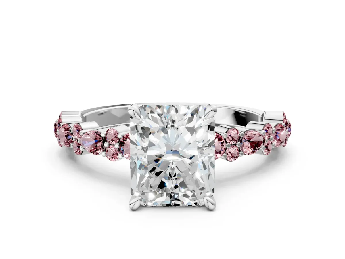 Radiant Cut Diamond Side Stone Solitaire Ring with Round Morganite and Four-Prong Setting Platinum