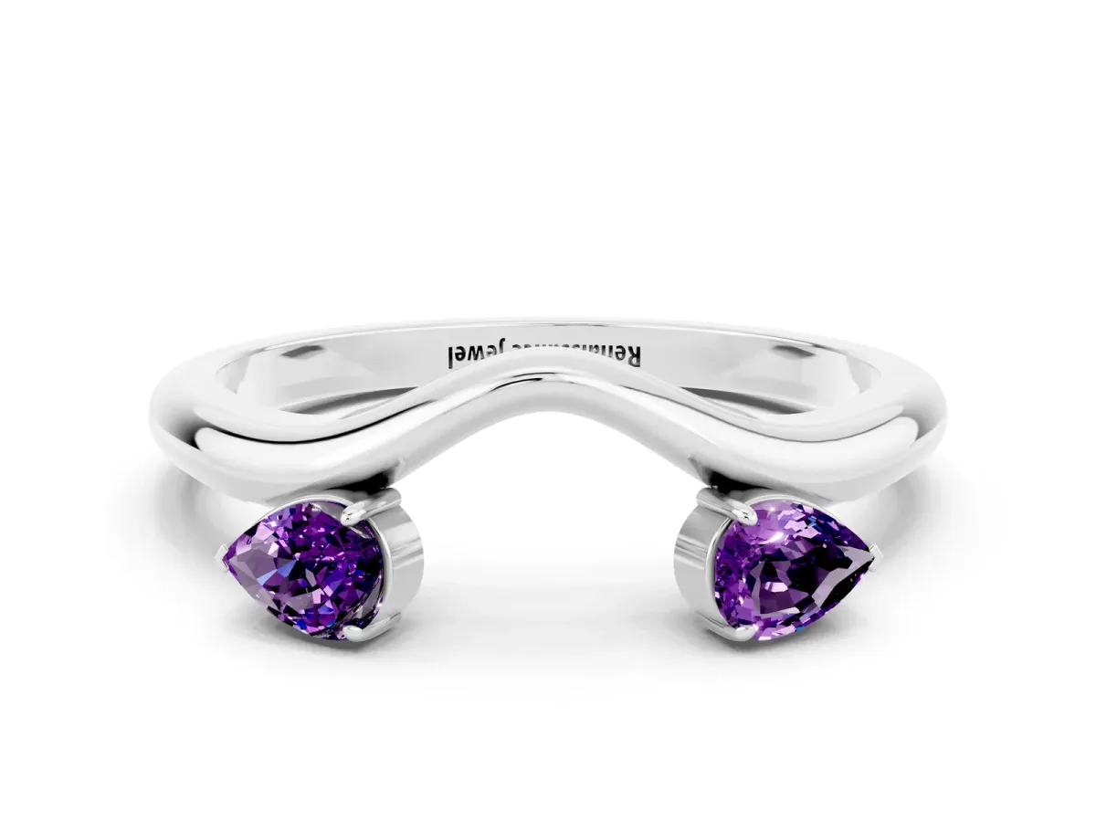 Pear Cut Amethyst Two-Stone Open Band Ring with Prong Setting White gold