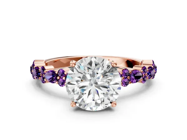 Round Cut Diamond Side Stone Solitaire Ring with Round Amethyst and Four-Prong Setting Rose gold