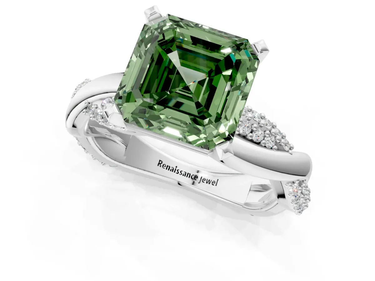Fancy Green Asscher Cut Solitaire Twist Band with Pave Prong Setting Platinum