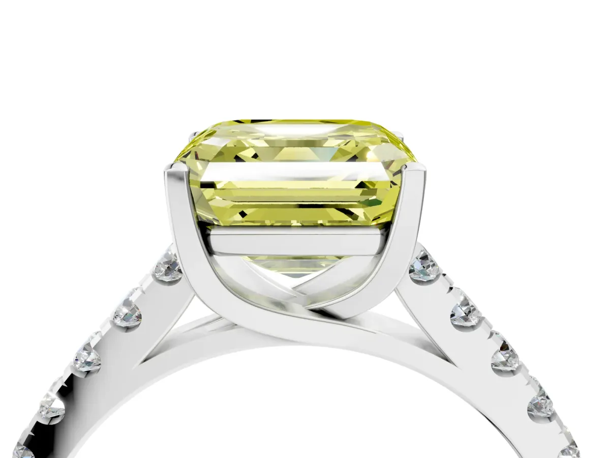 Fancy Yellow Asscher Cut Diamond Pavé Band Solitaire Ring with Prong Setting Platinum